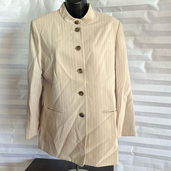 Kasper Women's Beige Brown Pinstripe Jacket Size 12 Mandarin Collar Blazer - Picture 1 of 5